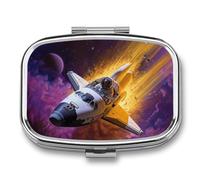 Pastillero de 2 compartimentos para medicamentos para bolsillo o bolso, mini soporte de pastillas de metal, transbordador espacial en el espacio, organizador de píldoras, contenedor portátil de