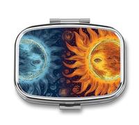 Pastillero de 2 compartimentos para medicamentos para bolsillo o bolso, mini soporte de pastillas de metal con imágenes de sol y luna, organizador de píldoras, contenedor portátil de medicamentos de