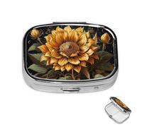 Pastillero de 2 compartimentos para medicamentos para bolsillo o bolso, mini soporte de pastillas de metal, girasol sobre fondo negro, organizador de pastillas, contenedor portátil de medicamentos de