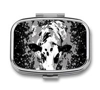 Pastillero de 2 compartimentos para medicamentos para bolsillo o bolso, mini soporte de pastillas de metal en blanco y negro, organizador de pastillas de vaca portátil para guardar suplementos y