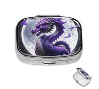 Pastillero de 2 compartimentos para medicamentos para bolsillo o bolso, mini soporte de pastillas de metal, dragón morado, luna, organizador de píldoras portátil para guardar suplementos y vitaminas
