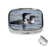 Pastillero de 2 compartimentos para medicamentos para bolsillo o bolso, mini soporte de pastillas de metal, organizador de píldoras de pájaros loon, contenedor portátil de medicamentos de viaje para