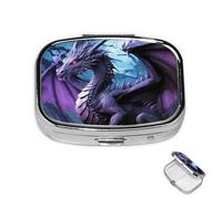 Pastillero de 2 compartimentos para medicamentos para bolsillo o bolso, mini soporte de pastillas de metal, dragón morado, luna, organizador de píldoras portátil para guardar suplementos y vitaminas