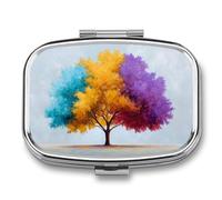 Pastillero de 2 compartimentos para medicina portátil con diseño de árbol colorido, azul, amarillo, morado, organizador de píldoras de viaje para bolso de bolsillo