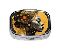 Pastillero de 2 compartimentos para mujer, clásico, africano, con espejo, organizador de pastillas pequeño para bolso o bolsillo organizador de vitaminas