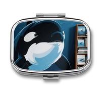 Pastillero de 2 compartimentos para orcas de orca, pastillero de viaje con espejo, impermeable, organizador de píldoras medicinales 2 veces al día, contenedor portátil para bolso y bolsillo