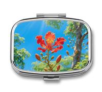 Pastillero de 2 compartimentos para plantas tropicales, flores, pastillero de viaje con espejo, impermeable, organizador de píldoras medicinales 2 veces al día, contenedor portátil para bolso y