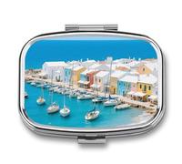 Pastillero de 2 compartimentos para viaje junto al mar con espejo, impermeable, organizador de pastillas medicinales 2 veces al día, contenedor portátil para bolso y bolsillo, rectangular, color