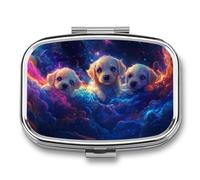 Pastillero de 3 cachorros mágicos de colores neón con 2 compartimentos portátil, organizador de pastillas de viaje para bolso de bolsillo