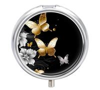 Pastillero de 3 compartimentos con diseño de mariposas doradas, organizador de pastillas de viaje 3 veces al día, lindo mini pastillero para bolso y bolsillo, caja de medicina portátil de metal con
