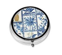 Pastillero de 3 compartimentos con espejo, color azul, piña tropical, pájaro, organizador de pastillas pequeño para bolso y bolsillo organizador de vitaminas