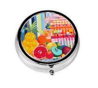 Pastillero de 3 compartimentos con espejo, colorido patrón de frutas, organizador de pastillas pequeño para bolso y bolsillo organizador de vitaminas