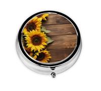 Pastillero de 3 compartimentos con espejo de girasol sobre tablero de madera, organizador de pastillas pequeño para bolso y bolsillo organizador de vitaminas