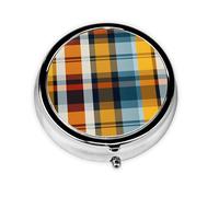 Pastillero de 3 compartimentos con espejo, diseño clásico de cuadrícula naranja y azul, organizador de pastillas para bolso y bolsillo organizador de vitaminas