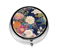 Pastillero de 3 compartimentos con espejo, diseño clásico japonés de flores florecientes, organizador de pastillas pequeño para bolso y bolsillo organizador de vitaminas