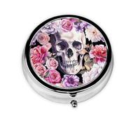 Pastillero de 3 compartimentos con espejo, diseño de calavera de flores moradas, organizador de pastillas pequeño para bolso y organizador de vitaminas de bolsillo