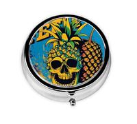 Pastillero de 3 compartimentos con espejo, diseño de calavera de piña, organizador de pastillas pequeño para bolso y organizador de vitaminas de bolsillo