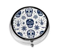Pastillero de 3 compartimentos con espejo, diseño de calavera étnica mexicana, organizador de pastillas pequeño para bolso y bolsillo organizador de vitaminas