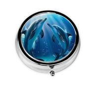 Pastillero de 3 compartimentos con espejo, diseño de delfines bajo el agua, organizador de pastillas pequeño para bolso y bolsillo organizador de vitaminas