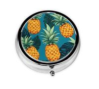 Pastillero de 3 compartimentos con espejo, fruta, piña, hojas de palma, pastillero, organizador de pastillas pequeño para bolso y bolsillo organizador de vitaminas