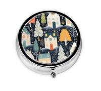 Pastillero de 3 compartimentos con espejo, ilustración de casa de árbol de invierno, organizador de pastillas pequeño para bolso y bolsillo organizador de vitaminas