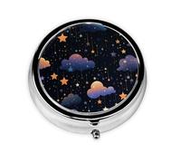 Pastillero de 3 compartimentos con espejo, nubes moradas, estrellas, pastillero, organizador pequeño para bolso y bolsillo organizador de vitaminas