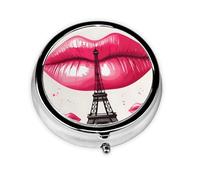 Pastillero de 3 compartimentos con espejo, torre Eiffel, diseño de labios rojos, organizador de pastillas pequeño para bolso y bolsillo organizador de vitaminas