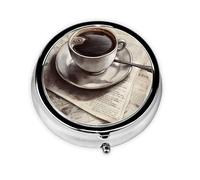 Pastillero de 3 compartimentos con espejo, vintage, periódico, taza de café, tablet, organizador de pastillas pequeño para bolso y bolsillo organizador de vitaminas