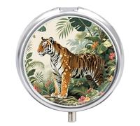 Pastillero de 3 compartimentos con estampado botánico de tigre con espejo, impermeable, organizador de pastillas medicinales 3 veces al día, contenedor portátil para bolso y bolsillo, redondo