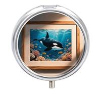 Pastillero de 3 compartimentos con patrón de orcas de orca, pastillero de viaje con espejo, impermeable, organizador de píldoras medicinales 3 veces al día, contenedor portátil para bolso y bolsillo
