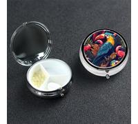 Pastillero de 3 compartimentos de metal con diseño de pájaro salvaje tropical, organizador de pastillas de viaje portátil para bolsillo o bolso, caja de medicina redonda decorativa, contenedor de