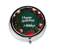 Pastillero de 3 compartimentos Happy Holidays, una caja de medicamentos portátil que contiene vitaminas, medicamentos, aceite de pescado y suplementos.