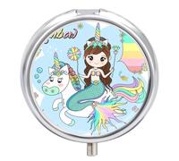 Pastillero De 3 Compartimentos Lindo Paisaje Marino Con Sirena Y Unicornio Pastillero Con Espejo, Caja De Almacenamiento Portátil Redonda A De Humedad, Distribuidor De Metal, Regalo Único