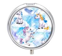 Pastillero De 3 Compartimentos Lindo Unicornio Azul Pastillero Con Espejo, Caja De Almacenamiento Portátil Redonda A De Humedad, Distribuidor De Metal, Regalo Único