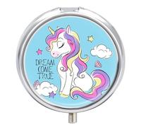 Pastillero De 3 Compartimentos Lindo Unicornio Azul Pastillero Con Espejo, Caja De Almacenamiento Portátil Redonda A De Humedad, Distribuidor De Metal, Regalo Único