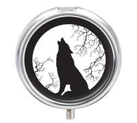 Pastillero De 3 Compartimentos Lobo Negro Aullando A La Luna Pastillero Con Espejo, Caja De Almacenamiento Portátil Redonda A De Humedad, Distribuidor De Metal, Regalo Único