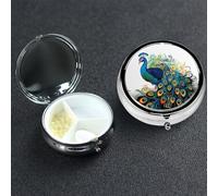 Pastillero de 3 compartimentos para bolsillo o bolso, mini pastillero de metal con patrón de pavo real, organizador de vitaminas, contenedor portátil de pastillas de viaje para guardar suplementos y