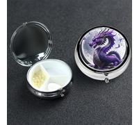Pastillero de 3 compartimentos para bolsillo o bolso, mini pastillero de metal, dragón morado, luna, pastillero, organizador de vitaminas, contenedor portátil para pastillas de viaje para guardar