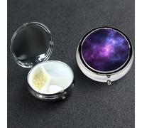 Pastillero de 3 compartimentos para bolsillo o bolso, mini pastillero de metal, galaxia mágica, cielo, morado, organizador de vitaminas, contenedor portátil para pastillas de viaje para guardar