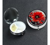 Pastillero de 3 compartimentos para bolsillo o bolso, mini pastillero de metal, pastillero de flores rojas bailando, organizador de vitaminas, contenedor portátil para pastillas de viaje para guardar