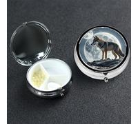 Pastillero de 3 compartimentos para bolsillo o bolso, mini pastillero de metal, pastillero de lobo bajo la luna, organizador de vitaminas, contenedor portátil para pastillas de viaje para guardar
