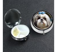 Pastillero de 3 compartimentos para bolsillo o bolso, mini pastillero de metal Shih Tzu, organizador de vitaminas, contenedor portátil para pastillas de viaje para guardar suplementos y vitaminas