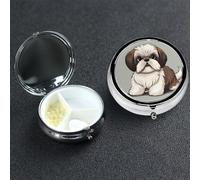 Pastillero de 3 compartimentos para bolsillo o bolso, mini pastillero de metal Shih Tzu, organizador de vitaminas, contenedor portátil para pastillas de viaje para guardar suplementos y vitaminas