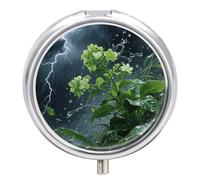 Pastillero de 3 compartimentos para plantas florales verdes con espejo, impermeable, organizador de píldoras medicinales 3 veces al día, contenedor portátil para bolso y bolsillo, redondo, plateado