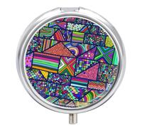 Pastillero De 3 Compartimentos Patrón Geométrico Abstracto Pastillero Con Espejo, Caja De Almacenamiento Portátil Redonda A De Humedad, Distribuidor De Metal, Regalo Único