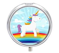 Pastillero De 3 Compartimentos Unicornio Arcoiris Azul Pastillero Con Espejo, Caja De Almacenamiento Portátil Redonda A De Humedad, Distribuidor De Metal, Regalo Único