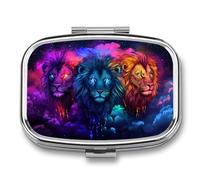 Pastillero de 3 leones mágicos de colores neón, 2 compartimentos, portátil, organizador de píldoras de viaje para bolso de bolsillo