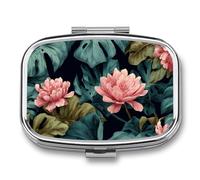 Pastillero de acuarela con hojas verdes y flores rosadas, 2 compartimentos, portátil, organizador de pastillas de viaje para bolso de bolsillo
