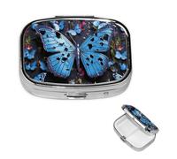 Pastillero de agua de mariposa azul con espejo, 2 compartimentos, decorativo, para bolso o bolsillo, organizador de píldoras cuadrado pequeño, organizador de píldoras semanal, tableta de medicina