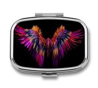 Pastillero de alas coloridas de un pájaro con 2 compartimentos, portátil, organizador de píldoras de viaje para bolso de bolsillo